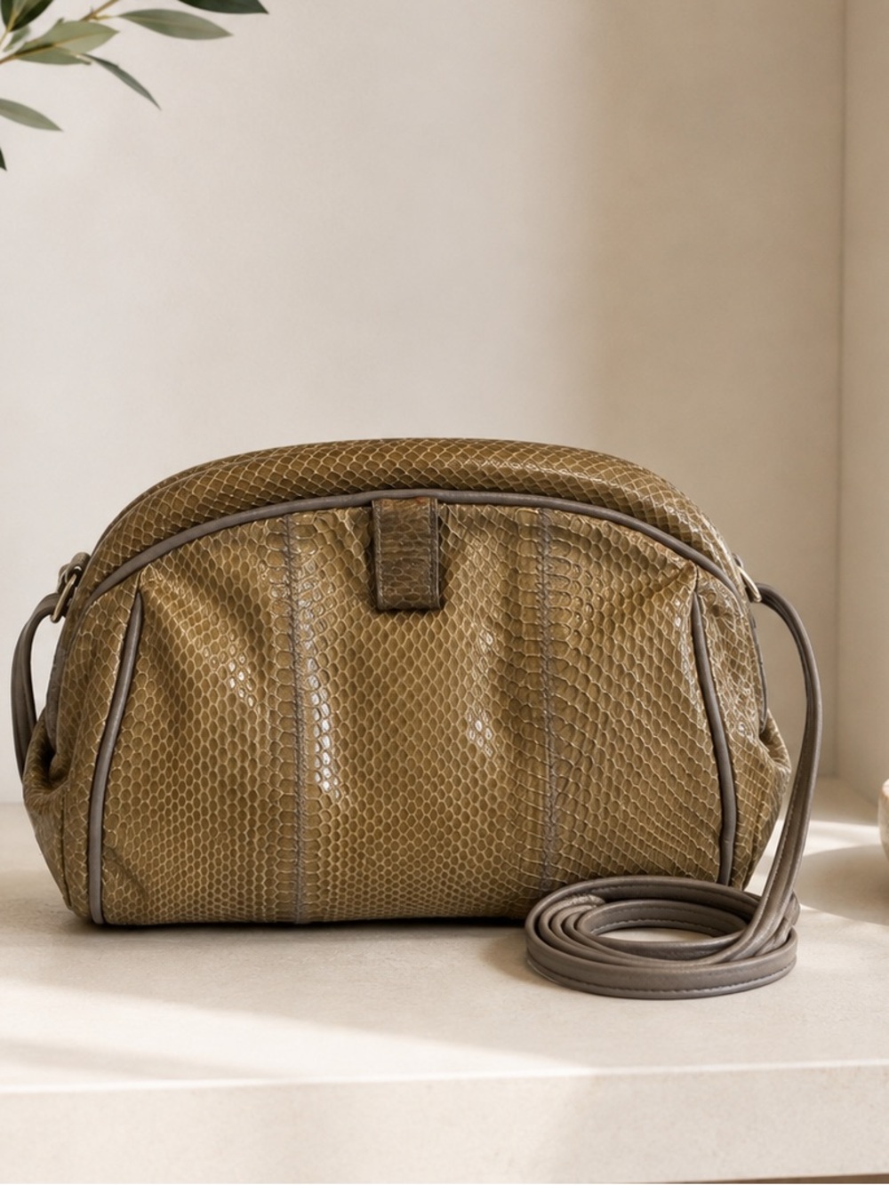 Palizzio Genuine Snakeskin Crossbody Bag Vintage Taupe Olive